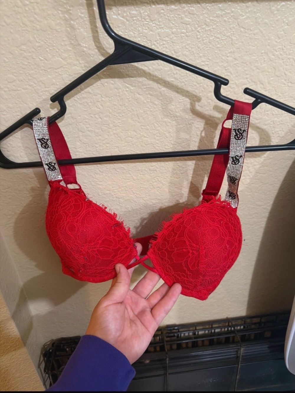 Victoria's Secret Red Lace Plunge Bra with Embellished Straps
